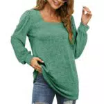 Aokosor Puffärmel Pullover Damen Elegant Langarmshirt Herbst Sweatshirt Quadratischer Ausschnitt Oberteile Tops Grün