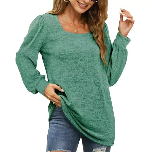 Aokosor Puffärmel Pullover Damen Elegant Langarmshirt Herbst Sweatshirt Quadratischer Ausschnitt Oberteile Tops Grün