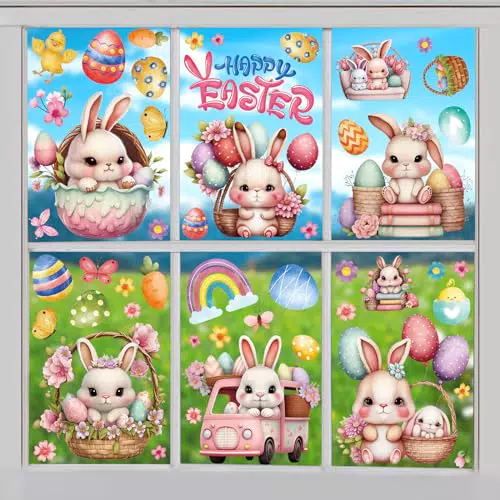 Fensterbilder Ostern mit Kaninchen und Ostereier - Selbstklebende Fensteraufkleber für Osterdeko