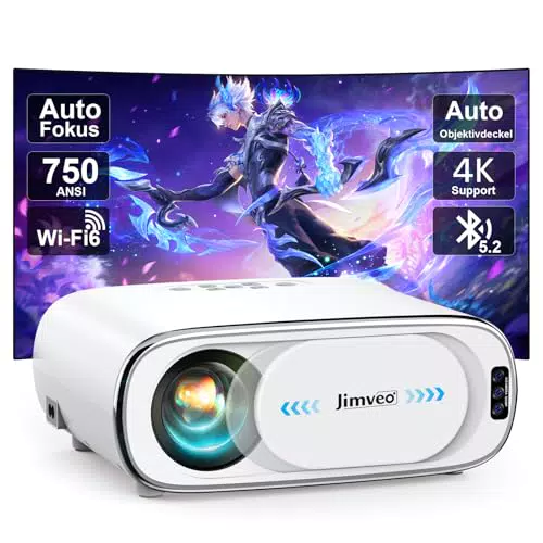 Jimveo Full HD 1080P WiFi6 Bluetooth Beamer 4K - Heimkino Video Projektor mit Auto-Fokus und Trapezkorrektur