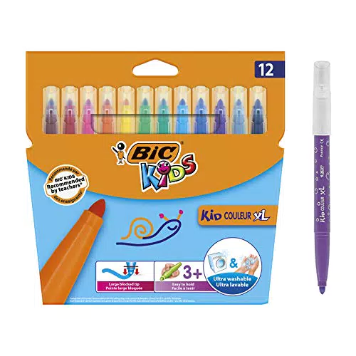 BIC Kids Filzstifte Kid Couleur XL - Fasermaler für Kinder, 12 auswaschbare Farben