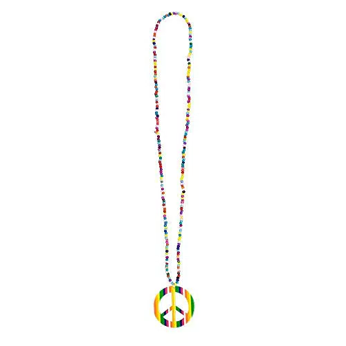 Boland Halskette Hippie aus bunten Perlen mit Peacezeichen-Anhänger - Flower Power Accessoire