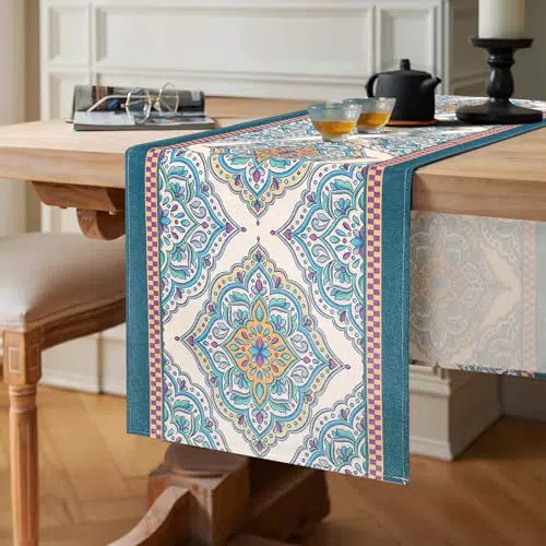 Chicamy Tischläufer Boho Vintage Marokkanische Leinen Tischläufer Geometrie Mandala Blumenmuster Abwaschbar Tischdecke Dekoration für Party Abendessen Urlaub Küche Bankett Restauran 40x140 cm