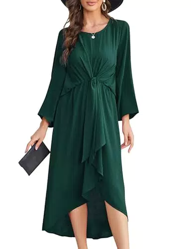 Elegantes Maxikleid Damen A-Linie mit Gürtel - Rundhalsausschnitt & 3/4 Ärmel