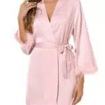Kimono Robe Damen Satin Bademantel V-Ausschnitt Feder Kimono