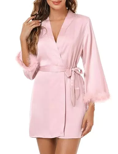 Kimono Robe Damen Satin Bademantel V-Ausschnitt Feder Kimono