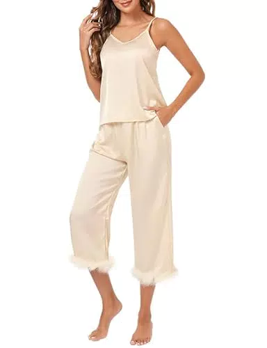 Clearlove Schlafanzug Damen Pyjama Set mit V-Ausschnitt Satin Sexy Loungewear Einfarbig Sleepwear Nachtwäsche Schlafhose Cami Top und Hose Negligee Champagner