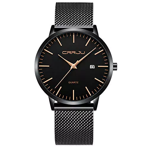 CRRJU Herren Uhr Ultra Dünne Wasserdicht Armbanduhr Herren Mode mit Schwarz Edelstahlband Mesh Analog Quarz Business Männer Uhren