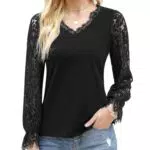 Cyrakt Damen Bluse Elegant Spitze Oberteile Langarm Baumwolle Tops V Neck Laternenärmel Bluse Sommer Tunika Shirts