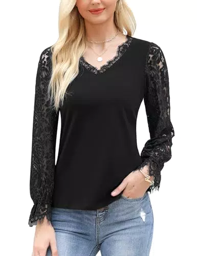Cyrakt Damen Bluse Elegant Spitze Oberteile Langarm Baumwolle Tops V Neck Laternenärmel Bluse Sommer Tunika Shirts