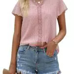 Cyrakt Damen Elegant Chiffon Bluse Kurzarm V-Ausschnitt Spitze Oberteil für Sommer Strand Bluse Lässige Tops Shirt