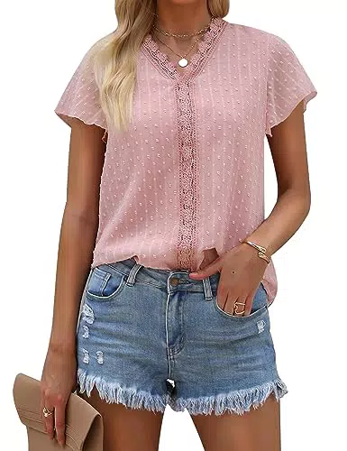Cyrakt Damen Elegant Chiffon Bluse Kurzarm V-Ausschnitt Spitze Oberteil für Sommer Strand Bluse Lässige Tops Shirt