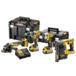 Dewalt 18V Kombopack mit Akku-Schlagbohrschrauber, Schlagschrauber, Akku-Kombihammer, Winkelschleifer, 3x 5 Ah Akkus und Ladegerät.
