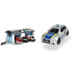 Dickie Toys SOS Rettungsstation mit Polizei, Feuerwehr und Krankenwagen & Audi RS3 Polizei Polizeiauto mit Friktion und Zubehör, Maßstab 1:32