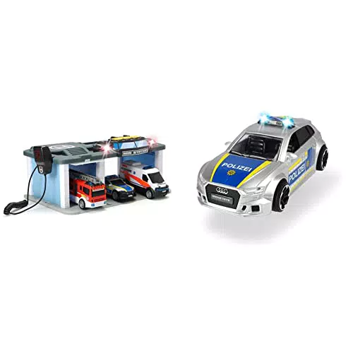 Dickie Toys SOS Rettungsstation mit Polizei, Feuerwehr und Krankenwagen & Audi RS3 Polizei Polizeiauto mit Friktion und Zubehör, Maßstab 1:32