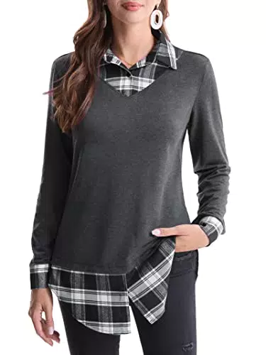 DJT FASHION Damen 2-in-1 Karierte Casual Bluse - Langarmshirt