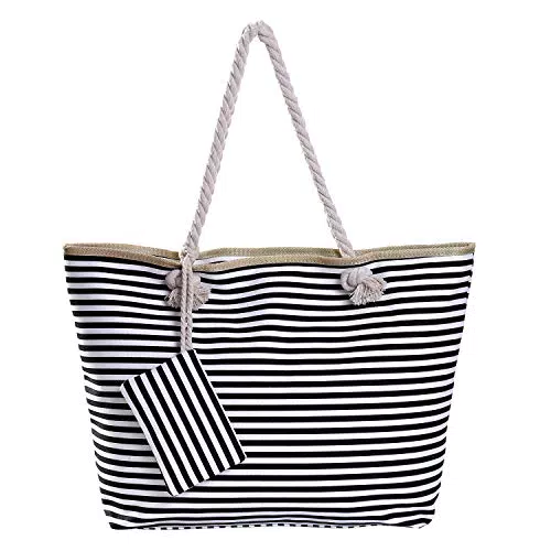 DonDon Badetasche XXL Familie Strandtasche Damen mit Reißverschluss Beach bag groß - gestreift schwarz weiß