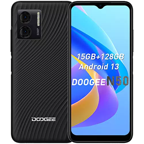 DOOGEE N50 - Smartphone ohne Vertrag mit Android 13, 15GB RAM, 128GB ROM, 6,52" HD+ Display, Octa-Core, 50MP+8MP Kamera, Dual SIM, Face ID, Fingerabdruck, GPS, 4200mAh Akku - Schwarz
