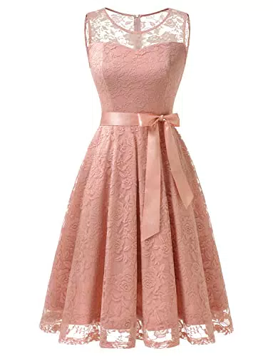 Dressystar Damen Knielang Floral Spitzenkleid Ärmellos Brautjungfernkleider Elegant Party Cocktail Vintage Abendkleid Weiß XXXL
