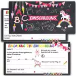 Einladung zur Einschulung für Mädchen Einhorn Schultüte Einladungskarten mit Umschlägen Schulbeginn 12er Set zum Schulanfang Schuleinführung Schuleingang Zuckertüte