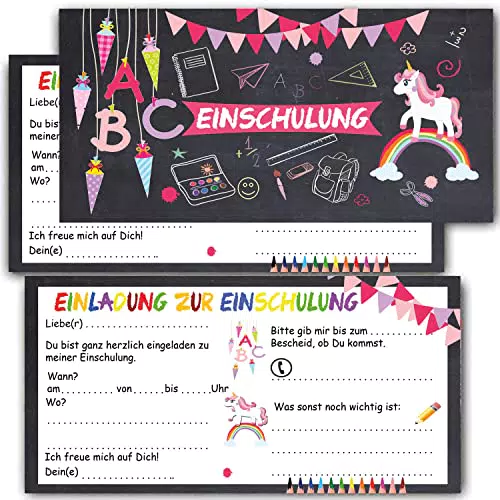 Einladung zur Einschulung für Mädchen Einhorn Schultüte Einladungskarten mit Umschlägen Schulbeginn 12er Set zum Schulanfang Schuleinführung Schuleingang Zuckertüte