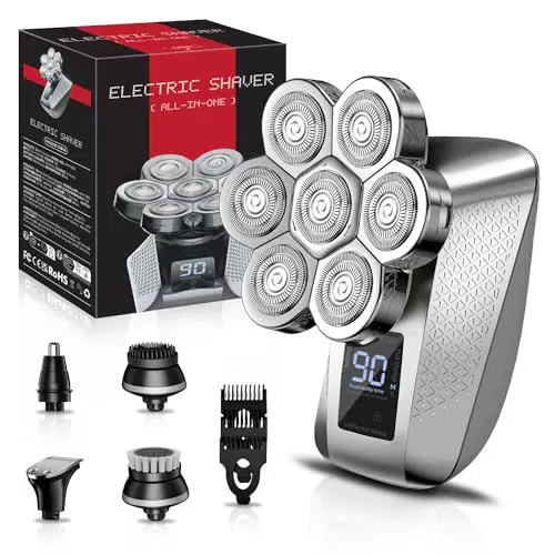 Elestyle Elektrischer Glatzenrasierer für Herren - Nass und Trocken Rasur, LED-Anzeige, 7 Rotierende Scherköpfe