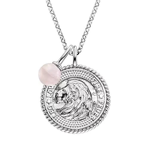 Engelsrufer Damen Halskette mit Löwe Sternzeichen Anhänger - Sterling Silber mit Zirkonia und Rosenquarz - 50cm Länge