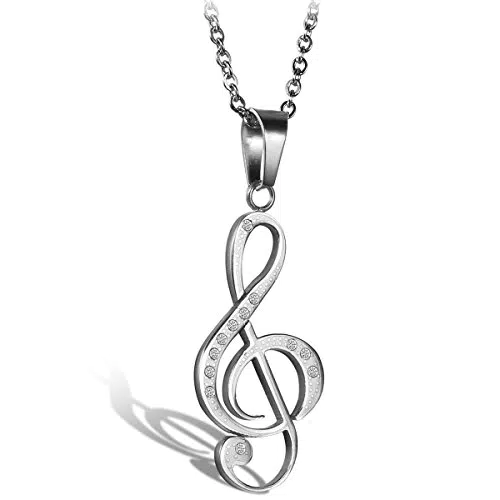 Flongo Edelstahl Anhänger Halskette Strass Silber Musik Note Musik Zeichen Symbol Notenschlüssel Elegant Damen