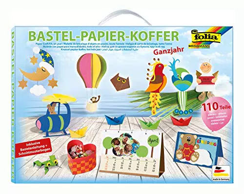 folia 930 - Bastelpapierkoffer Ganzjahr, 110 Teile - Kreativset für Kinder und Erwachsene mit Bastelpapier und Dekoelementen