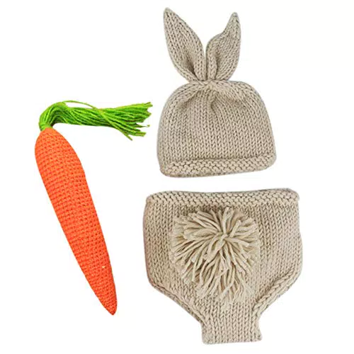 FYMNSI Neugeborenen Baby Mädchen Jungen Fotoshooting Kaninchen Kostüm Fotografie Requisiten Niedlichen Hase Ohr Hut Mütze + Shorts + Karotte Säugling Foto Stützen Outfit 3tlg Khaki Einheitsgröße
