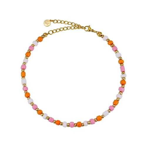 GD GOOD.designs Fußkettchen für Frauen mit bunten Boho Perlen - Verstellbar - Gold Orange Rosa