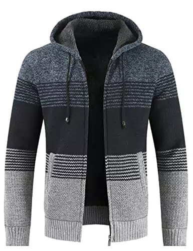 GLESTORE Herren Strickjacke Cardigan Hoodie Fleecejacke Feinstrick mit Stehkragen und Reißverschluss Wintermantel Sweatjacke Blau 2X