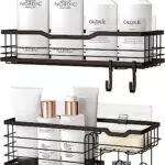 HBselect Duschablage ohne Bohren mit 6 Haken und Duschkorb - Badezimmer Regal in Schwarz