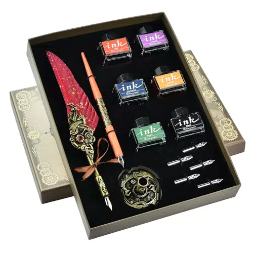 Kalligraphie Stifte Set aus Holz mit Multicolor Tinten Feder - Federkiel Stift