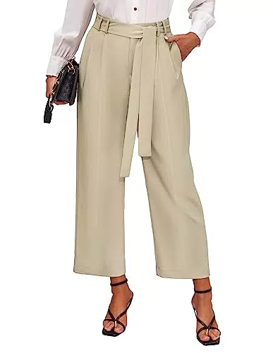 Hose Damen Sommer Palazzo Hose Elastischer Bund Hose mit Weitem Bein und gebundenem Gürtel Loose Fit Hose Business Freizeithose Strandhose mit Taschen