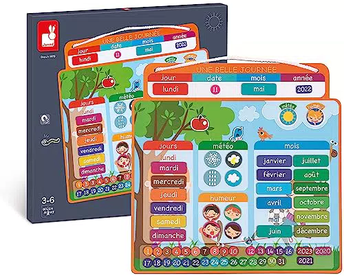 Janod Magnetischer Kalender 'Ein schöner Tag' - Kinder Lerntafel - Lernspiel Datum, Wetter und Jahreszeit - Französisch - Ab 3 Jahren