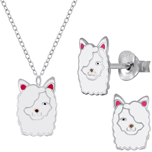 Kinder Schmuckset Mädchen - Alpaka Lama - Halskette und Ohrringe - Silber 925