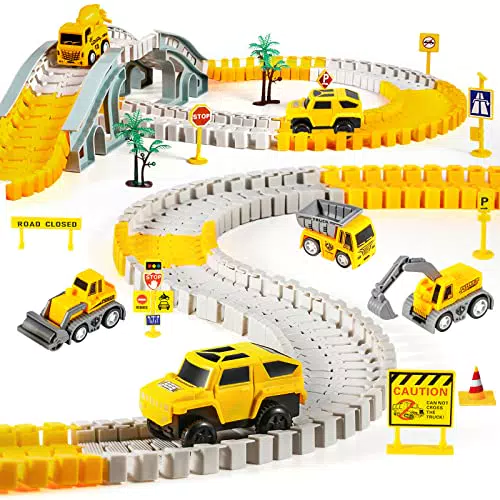 Kizplays 260pcs Autorennbahn Rennbahn 6 Cars Bagger Spielzeug ab Spielzeugautos Autobahn ab 3 4 5 6 Jahre Junge Mädchen