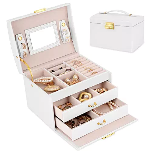 Schmuckkästchen mit Schlüssel für Damen - Schmuckkoffer mit Spiegel und 2 Schubladen - Geschenk für Freundin und Mutter