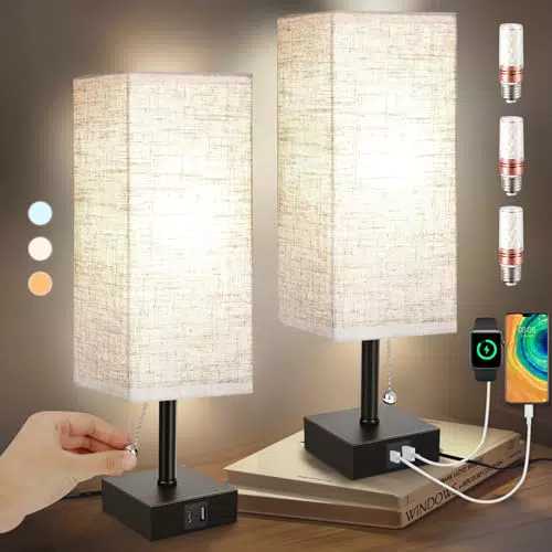 Lieberwell Nachttischlampe 2er Set, Nachttischlampe mit Ladefunktion LED Nachttischlampe mit Ladefunktion USB A+C Ladeanschluss