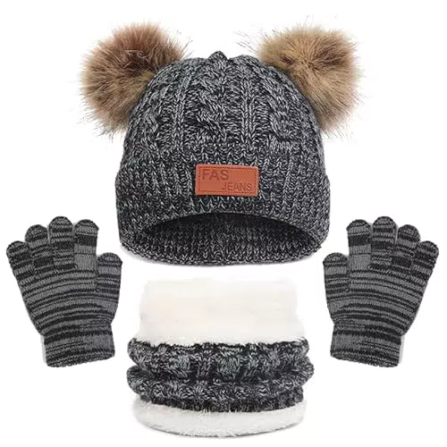 LINSOCLE 3in1 Kinder Wintermütze Schal Handschuhe Set