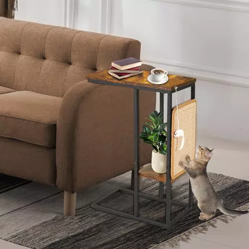 Kratzbrett mit Sisal Kratzmatte für Katzenliebhaber - 2-in-1 C Form Katzen Kratzbrett - Möbelstil & Beistelltisch - Vintagebraun