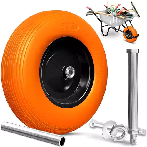 MASKO PU Schubkarrenrad Vollgummi 200 kg pannensicher 4.80/4.00-8 Ø 390mm Achse Ersatzrad Gummirad Stahlfelge Reifen pannensicher für Schubkarre Gartenkarren pannensicheres PU Rad
