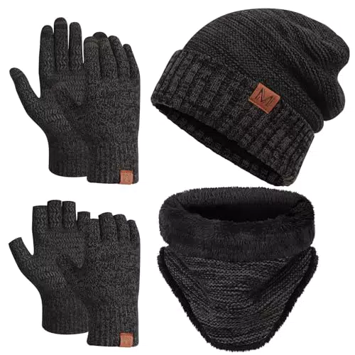 Maylisacc Winter Set: Mütze, Loop Schal, Gestrickte Handschuhe - Schwarz