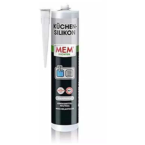 MEM Küchen-Silikon für Fugen im Küchenbereich, lebensmittelneutral, abriebfest, UV-beständig - 300 ml Kartusche, Transparent.