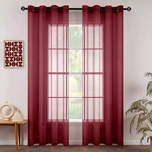 MIULEE Sheer Voile Vorhang mit Ösen - Transparente Gardine aus Voile Polyester für Wohnzimmer und Schlafzimmer - 140 x 245 cm - Rot