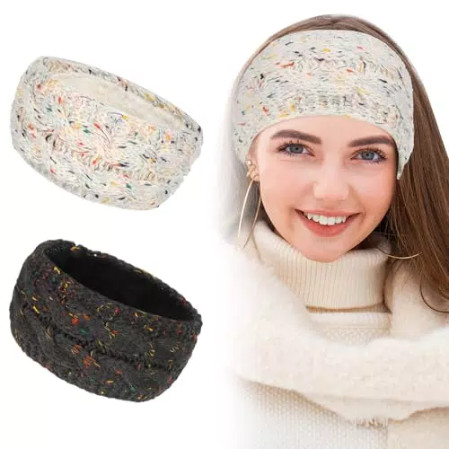 Miuse 2 Stück Stirnband Damen Winter, Fleece Haarband Warm Gestrickte Stirnband Ohrenwärmer Damen Verdicken Häkelarbeit Stirnbänder Frauen für Outdoor Sportarten Skifahren Laufen