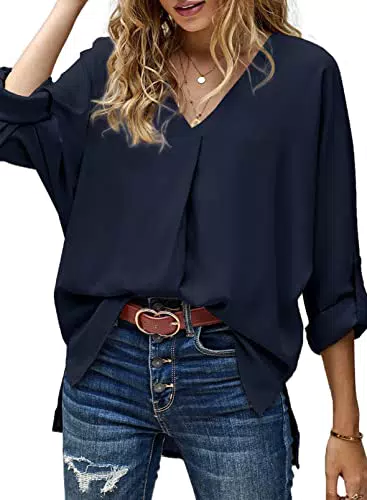Modasua Damen Bluse Langarm Blusenshirt Chiffon Hemd V-Ausschnitt Elegant Hemd Casual Oberteile Tops Business Tunika T-Shirt