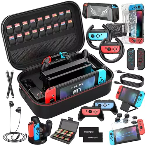 Nintendo Switch Zubehör Bundle mit Tasche, Schutzhülle, Ladestation - Schwarz