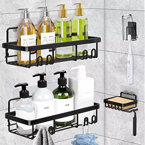 Multper Duschablage, Duschablage Ohne Bohren, 4er Set Duschregal Schwarz Mit Seifenschale & 8 Haken